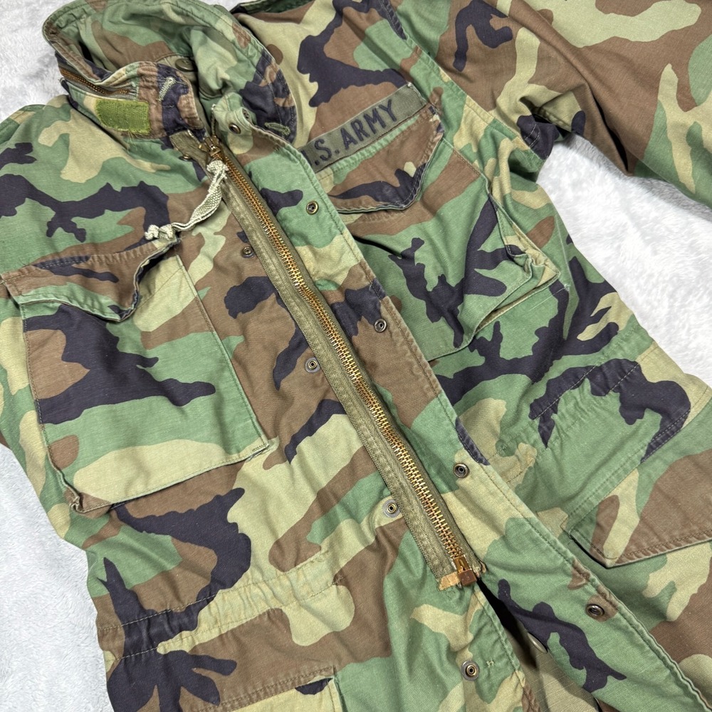 Vintage Army Camo Coat Jacket Cold Weather Small Long Woodland Distressed FLAW - Picture 14 of 16